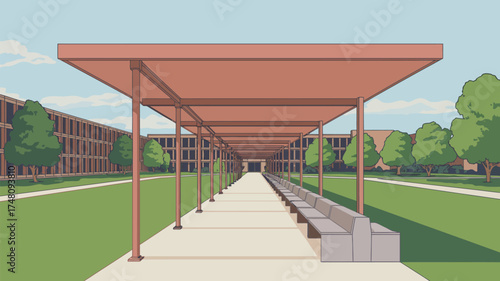 Perspective view of a walkway with benches and a roof structure leading to a building on a sunny day