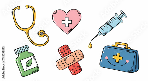 Whimsical healthcare essentials artfully arranged a stethoscope, heart, medicine, syringe, bandage, and first aid kit create a charming and comforting medical concept