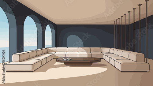 A spacious living room featuring a large sectional sofa, a coffee table, and arched windows with ocean views