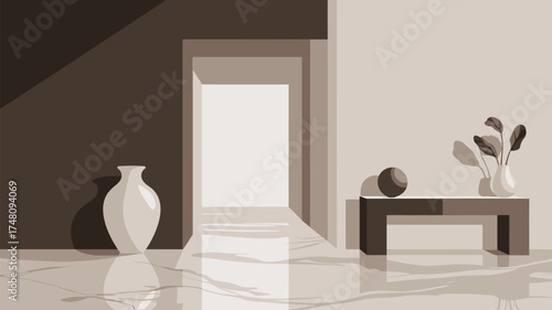 A minimalist interior scene with vase, doorway, and bench in muted tones and soft shadows casted