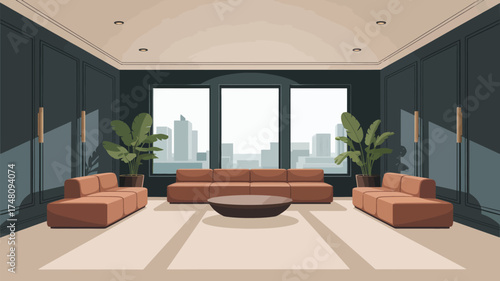 A spacious living room with modern furniture, large windows, and city skyline views in the background