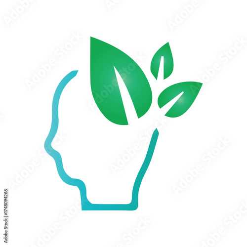 Stylized outline of a thoughtful human head profile integrated with lush green leaves, symbolizing mental well-being, natural growth, sustainable thought, emotional balance, and a holistic connection 