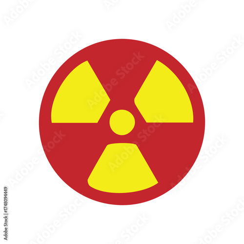 A bold graphic illustration of the internationally recognized symbol for radiation, prominently featured in bright yellow on a stark red circular background, signifying danger and potential hazards in