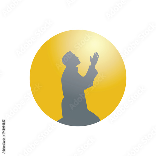 Silhouette of a person praying against a yellow circle background