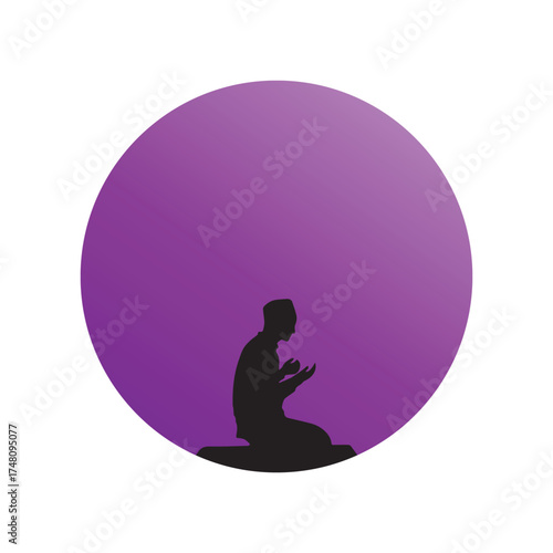 Illustration of a person in prayer within a purple circular background, symbolizing devotion and spirituality
