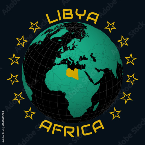 Libya on Globe. Round country and continent name text. Country view on world map in Black Emerald color palette. Libya shape on map. Appealing vector illustration.