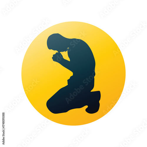Icon of a person kneeling in prayer, representing concepts of faith, humility, and spiritual devotion. A graphic symbol of introspection and hope on a warm yellow background