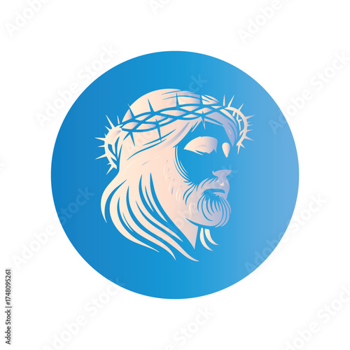 Stylized depiction of a spiritual figure wearing a crown of thorns, symbolizing sacrifice and devotion within a circular emblem, perfect for religious or inspirational designs