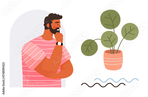Bearded man pondering with hand on chin near potted plant with broad leaves, framed arch accent. Ideal for introspection, decision-making, creativity, mindfulness, self-reflection, interior design