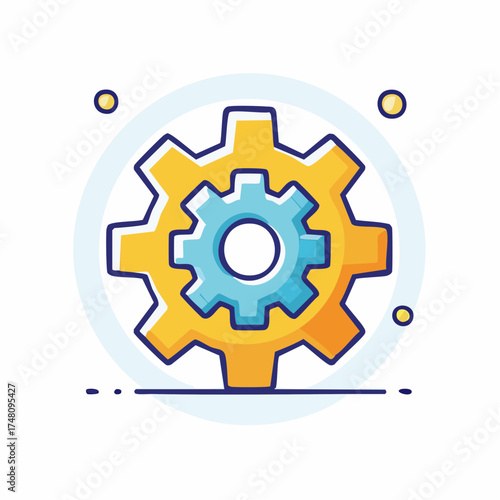 A gear icon with a blue outline and fill. The icon is set against a light blue background.