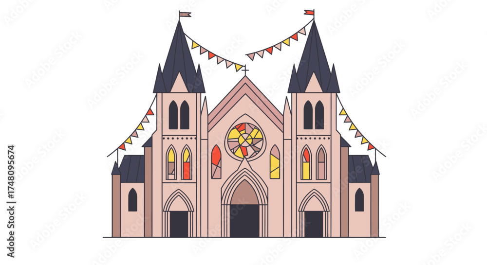 Fototapeta premium Illustration of a church building with flags and decorative elements