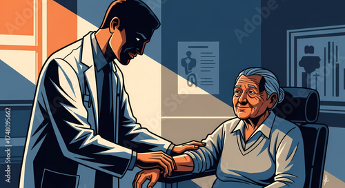 Caring doctor reassuring senior patient during checkup, fostering trust and empathy in healthcare, representing a compassionate and professional medical practice
