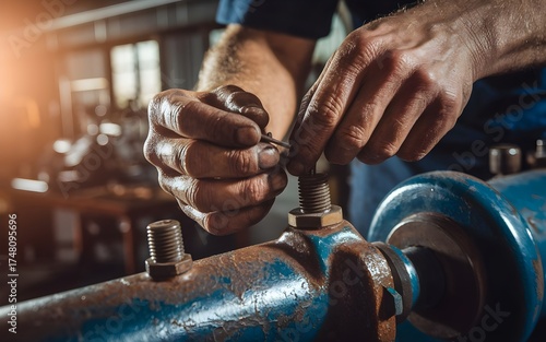 Wallpaper Mural Mechanic fastening large industrial bolts with both hands on machinery under sunlight showing craftsmanship, skill, and authentic workshop atmosphere Torontodigital.ca