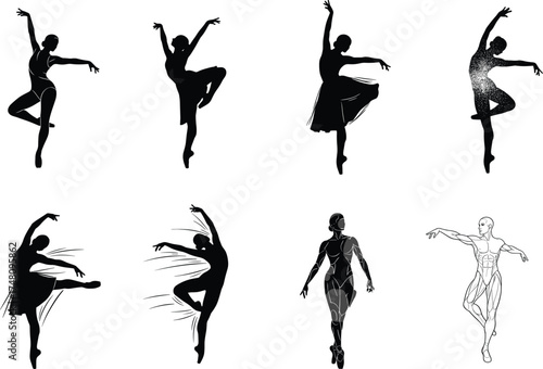 Ballet dancer silhouette set, dynamic poses, textured styles, flowing skirts, motion effects, anatomical details, elegant movement, black vector illustration, dance art