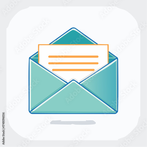 A teal envelope, open to reveal a letter with orange lines. A simple, clean, and modern design.