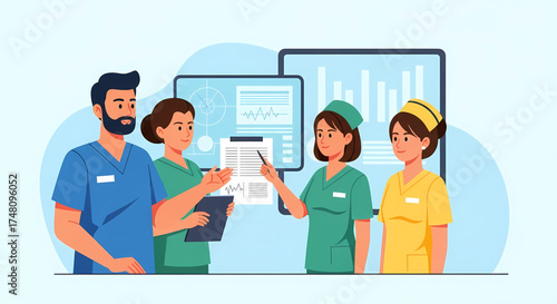Dedicated medical team collaborating on patient care, analyzing data for improved outcomes, showcasing modern healthcare in a supportive work environment