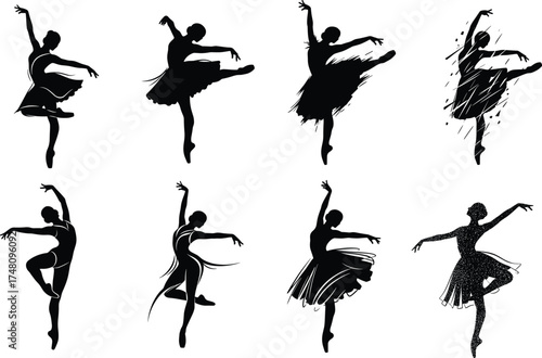 Ballet dancer silhouette collection, elegant poses, flowing skirts, expressive arms, motion effects, graceful movement, black vector illustration, artistic style, dance design