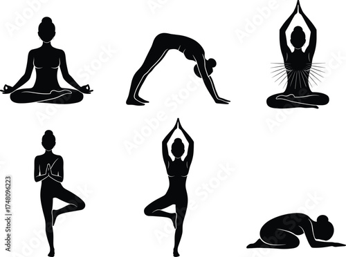 Yoga silhouette vector illustration, meditation poses, spiritual wellness clipart, fitness exercise design, peaceful posture graphics, black yoga figures, calm body balance