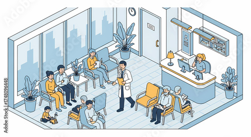 Busy doctor walking through a waiting room filled with patients of all ages, including a child playing with toys, in a modern medical office setting illustration