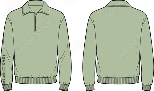 Light green pullover, quarter zip sweatshirt, ribbed collar cuffs waistband, front back view, fashion flat sketch, garment vector template