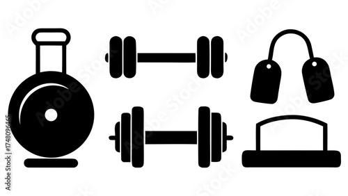 Simple fitness icons for your gym designs featuring kettlebells, dumbbells, jump rope and bench, perfect for logos and website assets, originally vector graphics
