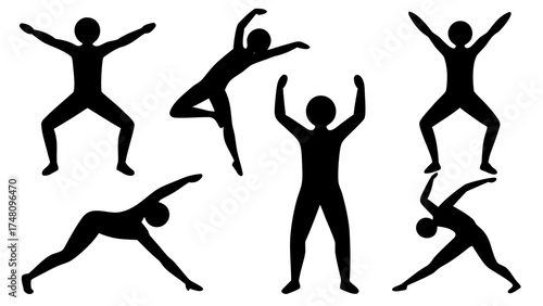 Dynamic yoga poses collection for fitness, wellness, and active lifestyle projects, silhouette figures expressing energy and movement, originally a vector graphic