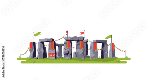 Illustration of ancient stone monument with flags and colorful decorations