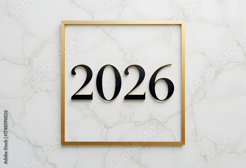 Luxury 2026 Black Numbers in Gold Frame on White Marble New Year Elegant Minimal Design Concept