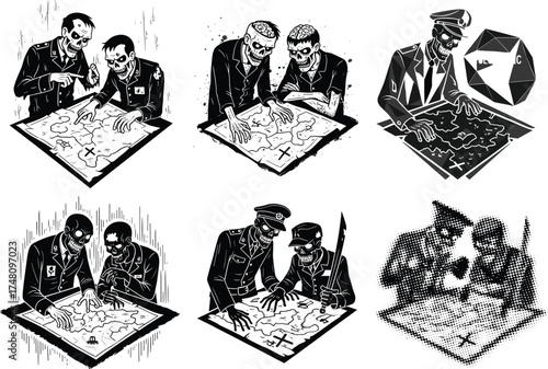 Sinister strategists planning war map, military officers with dice, dark satire illustration, tactical plotting, political commentary, graphic vector, black and white style
