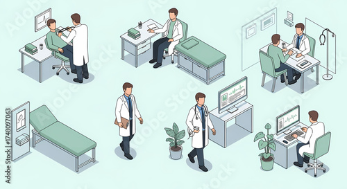 Medical clinic scene showcases doctors in various scenarios like patient check-ups and using computers, ideal for illustrating healthcare or professional services