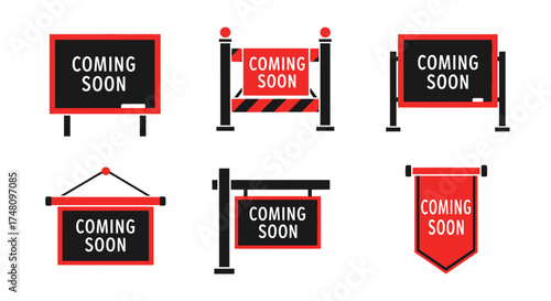 Set of Six Black and Red "Coming Soon" Signs and Banners with Chalkboard, Barricade, and Hanging Styles for Business Announcements

