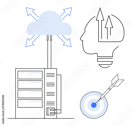 Cloud-connected server with arrows, human intellect with innovation arrows, and a bullseye hit by a dart. Ideal for cloud computing, AI, innovation, analytics, IT infrastructure, technology