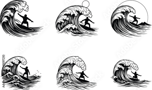 Surfer silhouette riding wave, dynamic ocean sport illustration, black and white vector set, scenic background elements, birds, sun, mountain, water motion