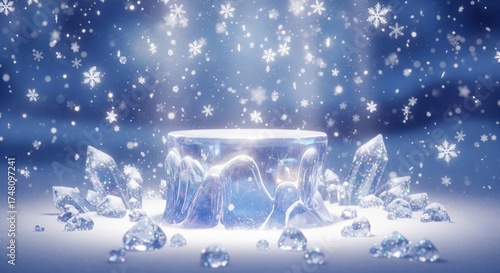Crystal Display Platform with Falling Snowflakes on Blue Background Scene Decoration