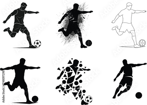 Soccer player silhouette kicking ball, abstract sports vector, dynamic action pose, football illustration set, grunge style, geometric design, line art collection