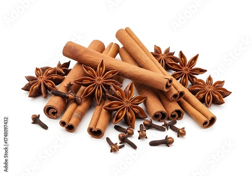 Wallpaper Mural Pile of cinnamon sticks, star anise, and cloves isolated on white background Torontodigital.ca