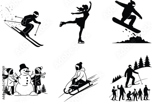 Winter activity silhouette vector illustration, skiing, snowboarding, sledding, skating, snowman building, outdoor fun, seasonal sports clipart, black figures, cold weather recreation