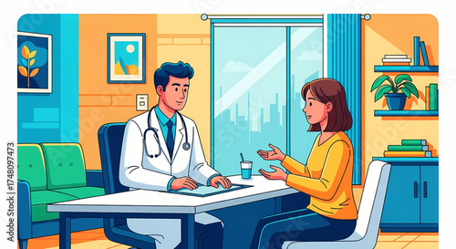 Caring doctor consults with patient, offering medical advice and support in modern office setting, fostering trust and well-being, ideal healthcare professional