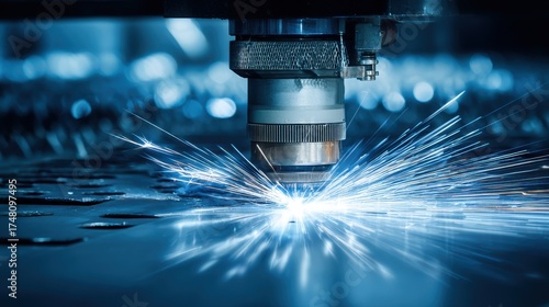 Wide medium shot of laser cutting machine carving detailed patterns on metal sheets highlighting accuracy and efficiency in digital design fabrication.