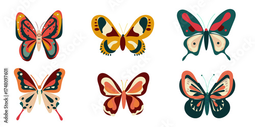 Trendy groovy butterfly set isolated, bright color, for stickers, element design