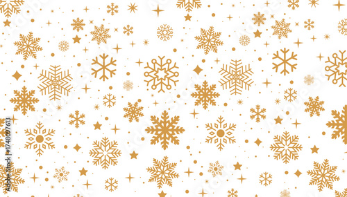 Christmas background, gold snowflakes and stars pattern