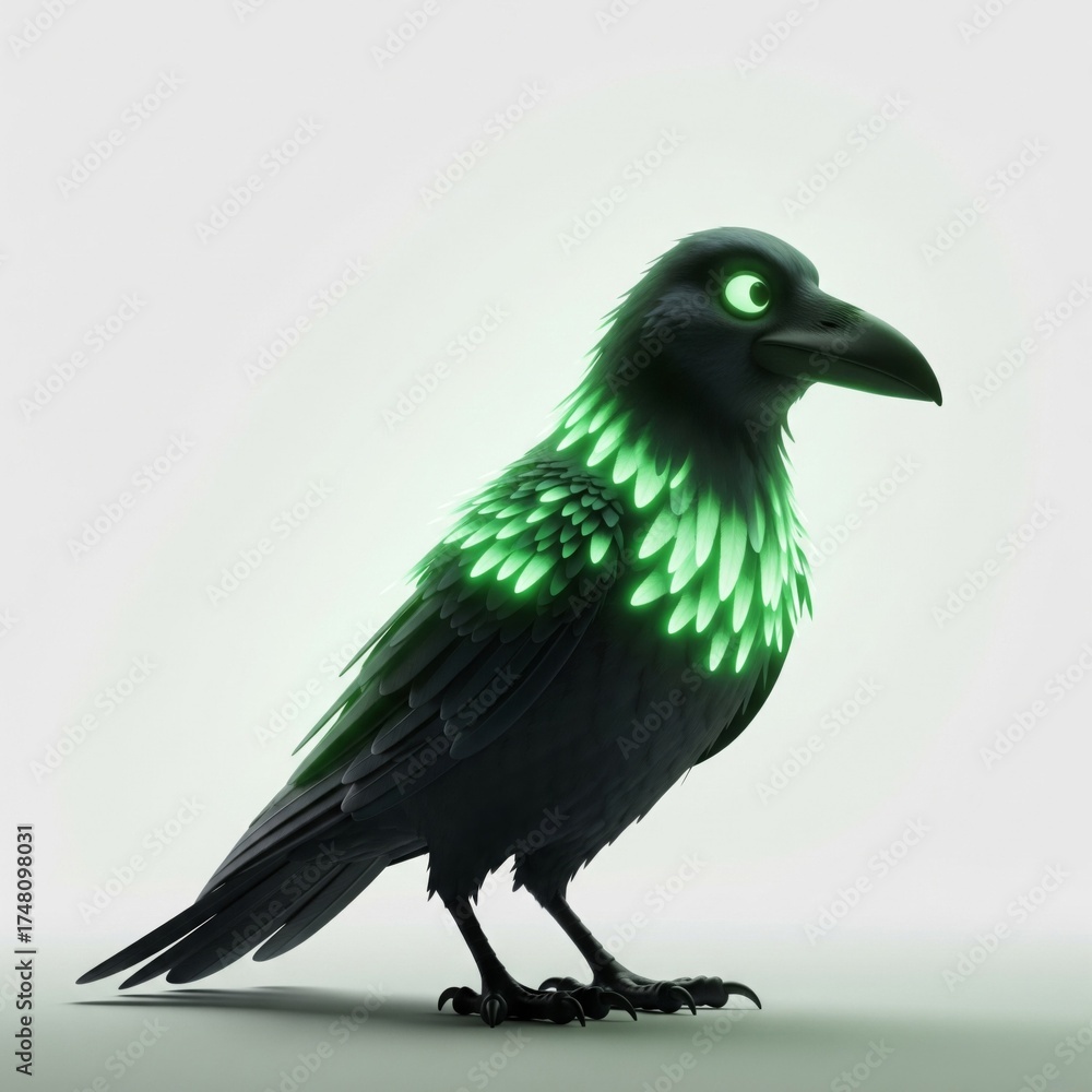 Fototapeta premium Black Bird Glowing Green Accent Feathers Standing on White Background