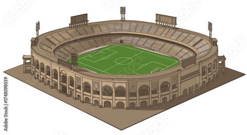Isometric illustration of a large stadium with a football field vector style