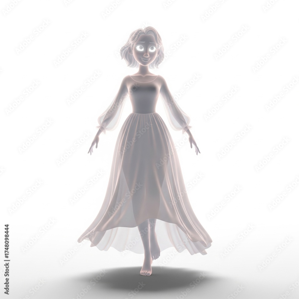 Fototapeta premium Ethereal Woman in Flowing White Gown Lit by Soft Glow Isolated on White