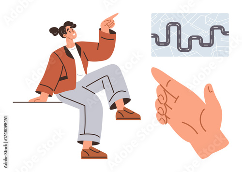 Woman gesturing toward a mapped road path, showcasing navigation choice or decision. Ideal for travel, journey, guidance, directions, exploration, decision-making urban planning. Simple flat