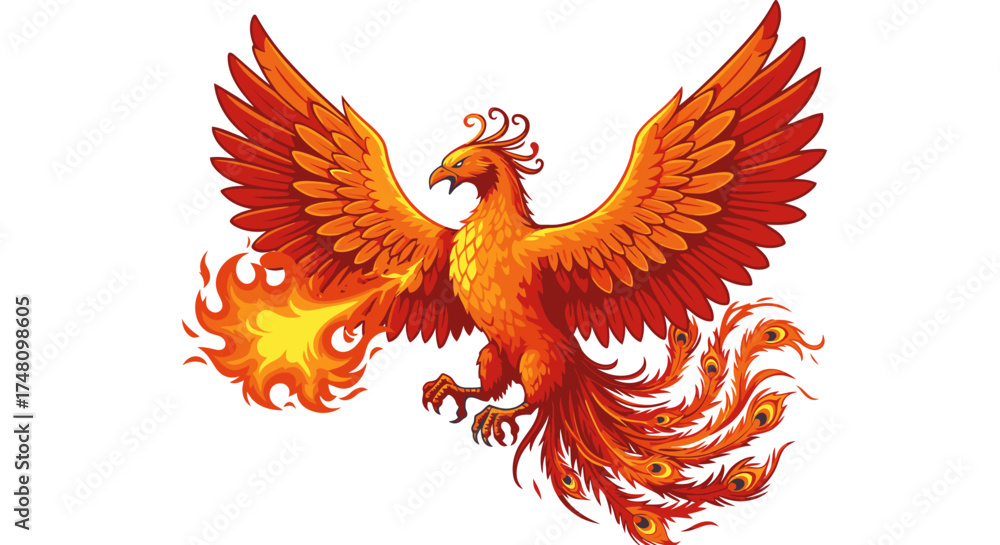 Fototapeta premium Majestic mythical phoenix rising with fiery wings on isolated white background