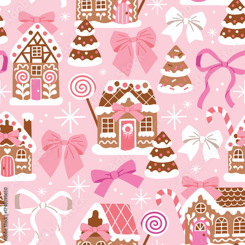 Seamless vector pattern with cute Christmas gingerbread houses, candy cane and bows. Hand drawn ribbon design for baby girls. Perfect for textile, wallpaper or nursery print design. EPS 10 vector file