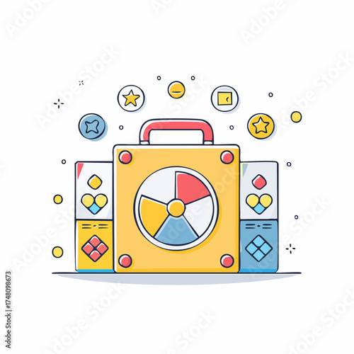 A whimsical illustration of radioactive material, presented in a colorful and playful style with geometric shapes and a cartoonish aesthetic.