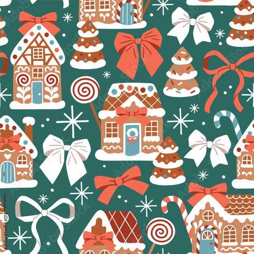 Seamless vector pattern with cute Christmas gingerbread houses, candy cane and bows. Hand drawn ribbon design for baby girls. Perfect for textile, wallpaper or nursery print design. EPS 10 vector file