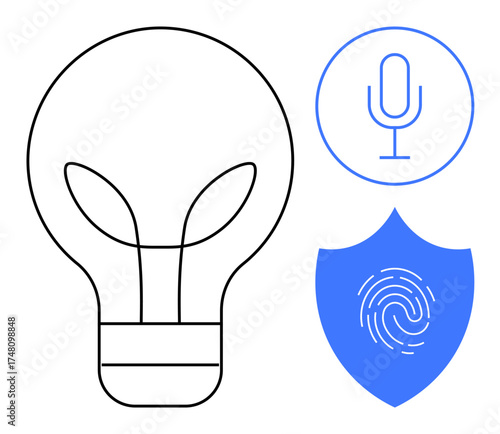 Outline of a lightbulb with leaves, microphone icon, and shield with fingerprint. Ideal for technology, eco-design, biometrics, innovation, data security, voice recognition simple flat metaphor